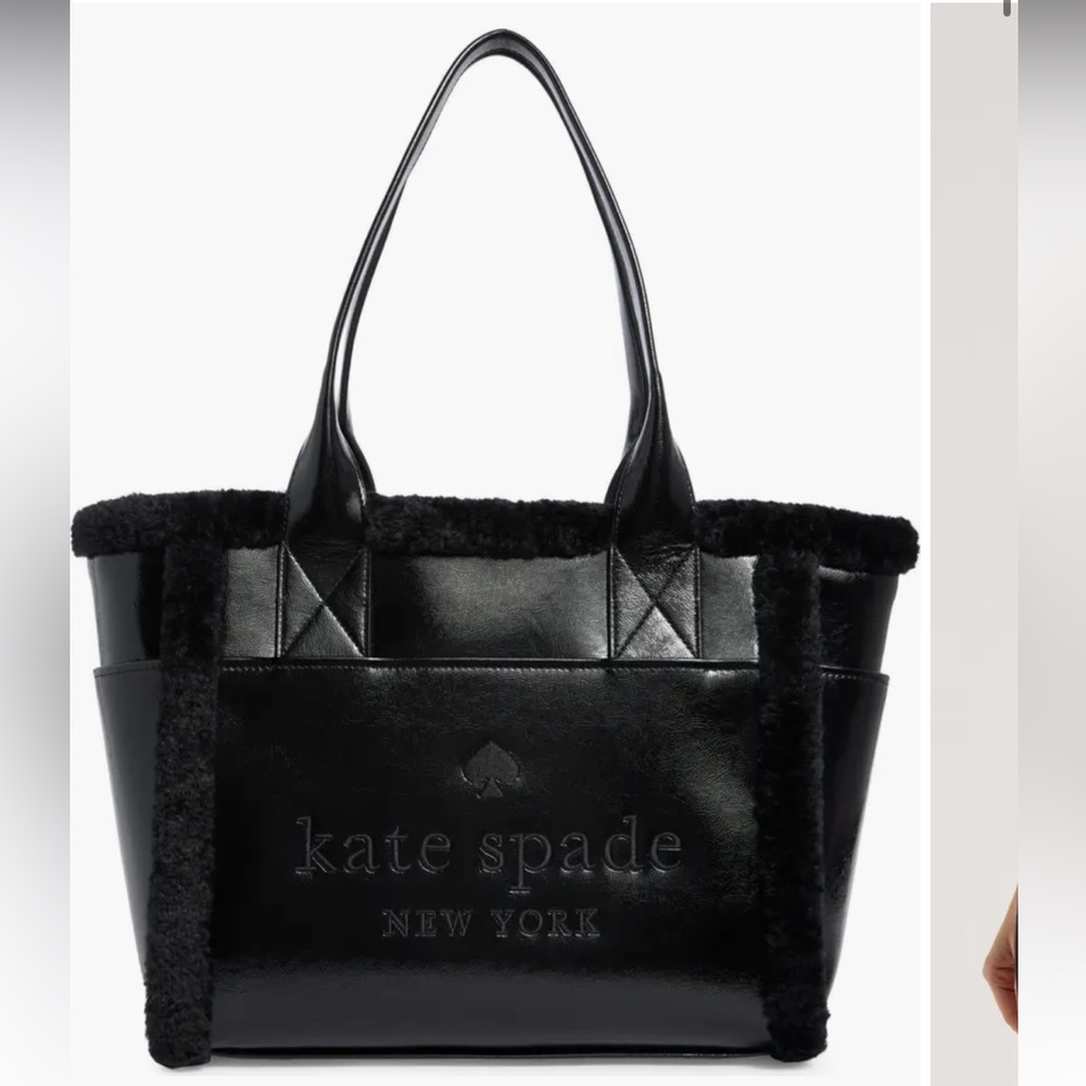 BRAND NEW Kate Spade Black jett faux shearling trim tote bag